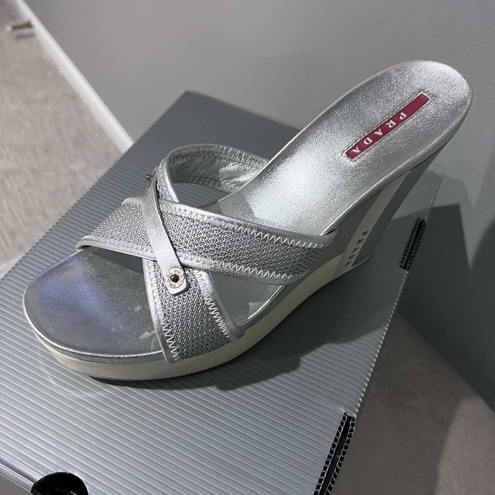 Prada Metallic Silver Wedge Sandals